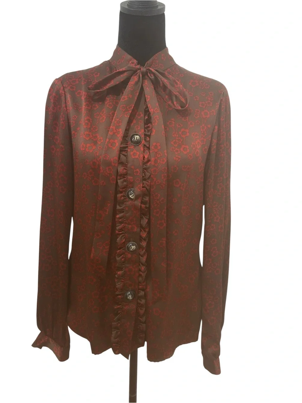 TIBI blouse  Womens 6 silk Floral Tie Neck Ruffle Romantic Dark Academia office